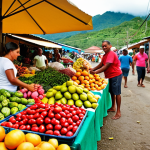 **

A vibrant, colorful scene of a local Dominican market overflowing with fresh tropical fruits, vegetables, and spices. In the background, smiling vendors interact with tourists. The image should capture the feeling of abundance and the authentic cultural experience of Dominica.

**