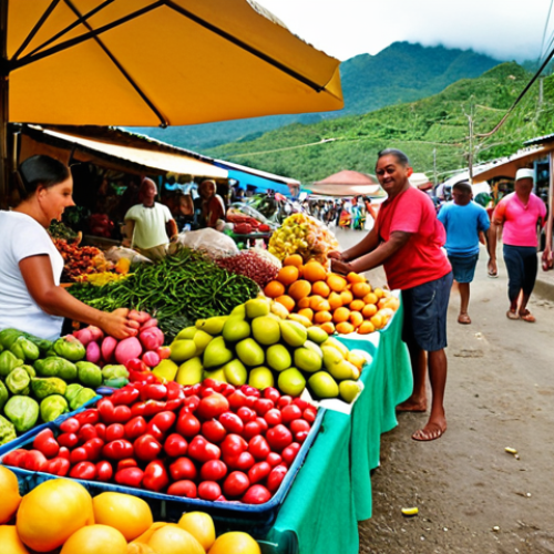 Home 4 **
A vibrant, colorful scene of a local Dominican market overflowing with fresh tropical fruits, vegetables, and spices. In the background, smiling vendors interact with tourists. The image should capture the feeling of abundance and the authentic cultural experience of Dominica.
**