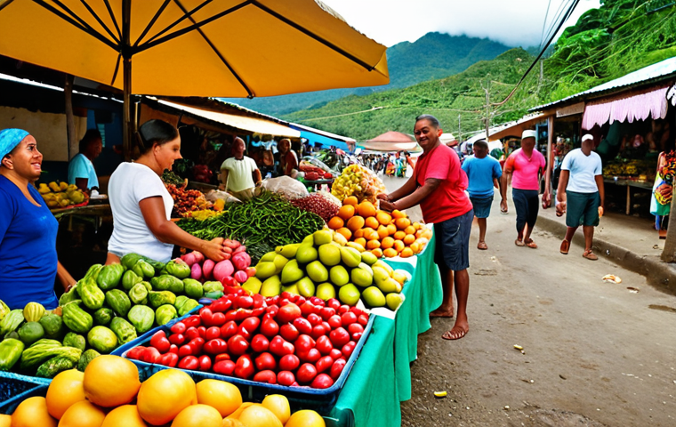 **

A vibrant, colorful scene of a local Dominican market overflowing with fresh tropical fruits, vegetables, and spices. In the background, smiling vendors interact with tourists. The image should capture the feeling of abundance and the authentic cultural experience of Dominica.

**