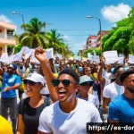Home 18 도미니카 연방의 주요 정치 사건 - A vibrant street protest scene in Santo Domingo, Dominican Republic, showing diverse young people ho...