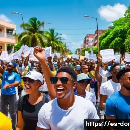 Home 30 도미니카 연방의 주요 정치 사건 - A vibrant street protest scene in Santo Domingo, Dominican Republic, showing diverse young people ho...