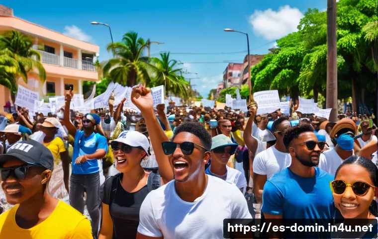 도미니카 연방의 주요 정치 사건 - A vibrant street protest scene in Santo Domingo, Dominican Republic, showing diverse young people ho...