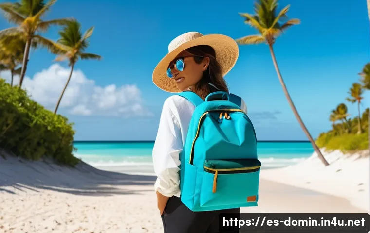도미니카 연방 여행 필수 준비물 - A sunlit Caribbean beach scene in the Dominican Republic featuring a stylish traveler wearing lightw...