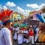 Home 21 도미니카 연방과 카리브해 다른 국가 비교 - A vibrant street scene during the Carnival of La Vega in the Dominican Republic, featuring colorful ...