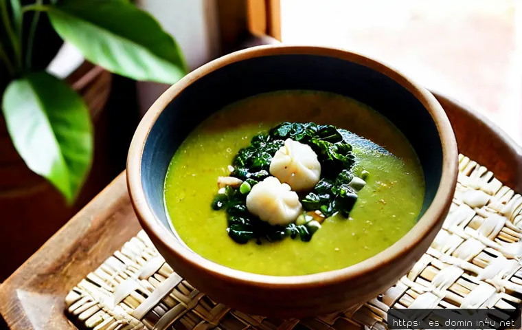 Home 17 도미니카 연방 전통 음식 - Photorealistic close-up of traditional Dominican callaloo soup in a rustic ceramic bowl, rich green ...